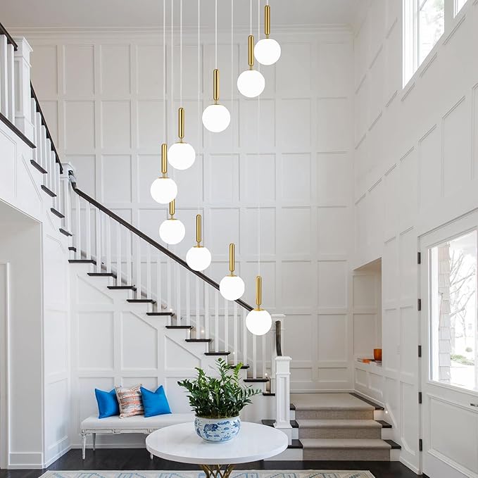 9-Lights Gold Chandelier with Milk White Glass Mid Century Modern Globe Pendant Light for Foyer Living Room Entryway Hallway