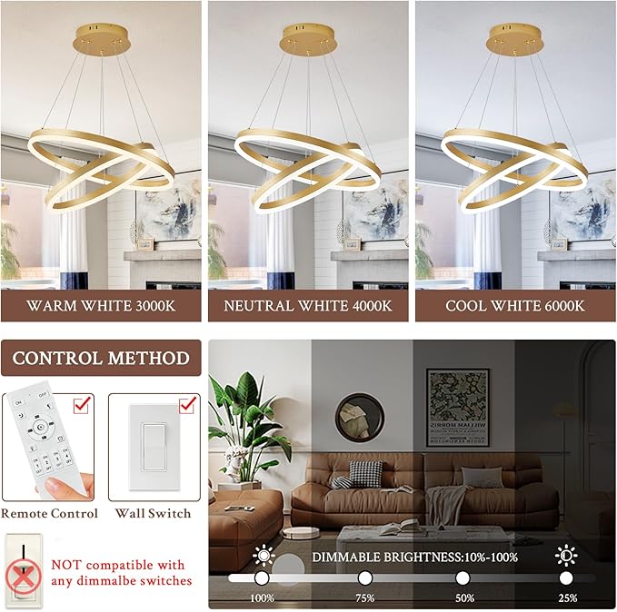 Modern LED Chandelier Gold 2-Rings Pendant Light Circular Flush Mount Ceiling Chandelier Lighting with Remote Control for Bedroom Living Room Dining Room Entrance, 3000K-6500K
