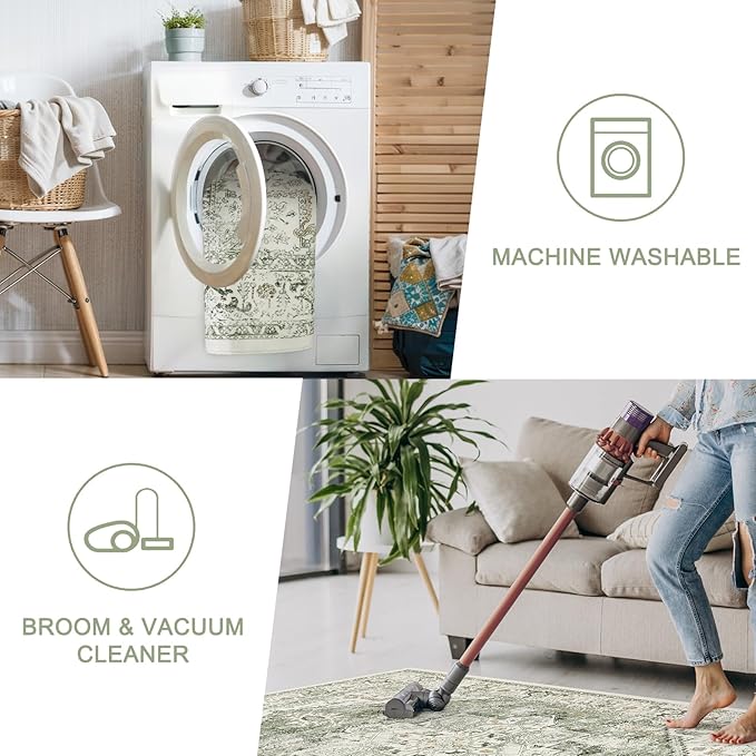 LIVEBOX Washable Runner 2x6 - Vintage Tribal Kitchen Rug, Long Entryway, Low-Pile for Bedroom, Non-Skid Soft Carpet Throw for Bathroom Laundry Room Hallway Sage