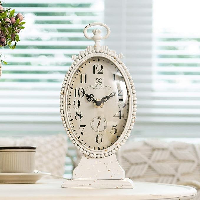 NIKKY HOME Vintage Table Clock, Battery Operated Rustic Distressed Style, Shabby Chic Home Décor for Fireplace Mantel, Shelf, Desktop, Countertop - White