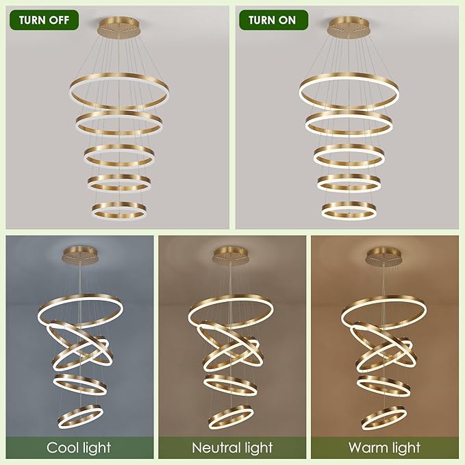 5-Rings Modern LED Chandelier Gold High Ceiling Chandelier with Remote Control Dimmable Pendant Lighting for Dining Room Foyer Living Room Entryway Staircase(3000K-6500K, D23.6’’)