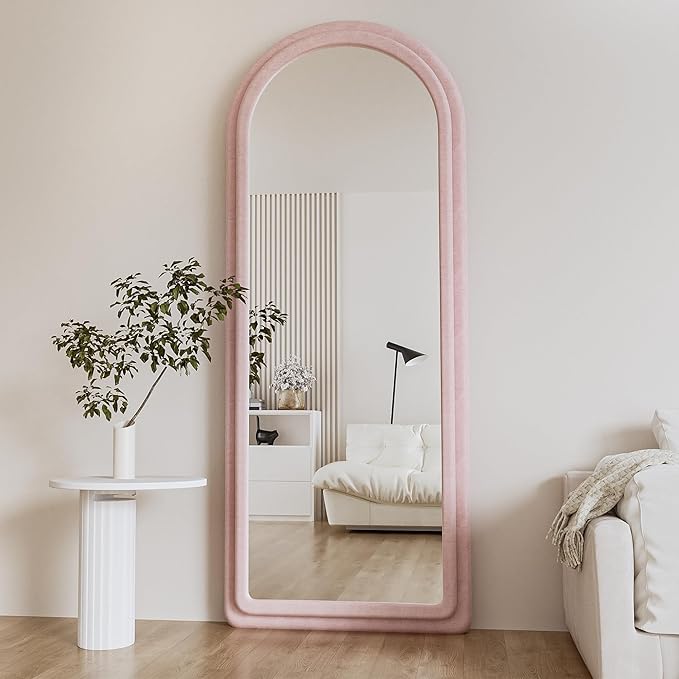 Floor Mirror, Full Length Mirror with Stand, 63"x24" Freestanding Arched Mirror Full Length Hanging or Leaning, Wall Mounted Mirrors with Flannel Frame, Large Mirrors for Bedroom (Pink)