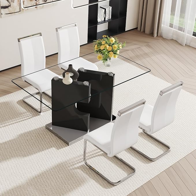 Glass Dining Room Table Set for 4,Dining Table Set for 4 with PU Leather Chairs,Retangular Dining Table with MDF Table Legs and Sliver Base for Dining Room
