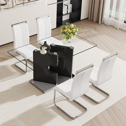 Glass Dining Room Table Set for 4,Dining Table Set for 4 with PU Leather Chairs,Retangular Dining Table with MDF Table Legs and Sliver Base for Dining Room