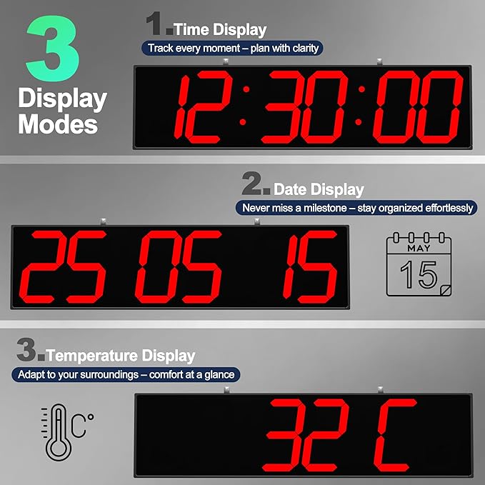 Digital Clock Large Display 28" with Remote Control,Double-Sided Clock, Suspended Design for Hospitals, Factories, Airports.