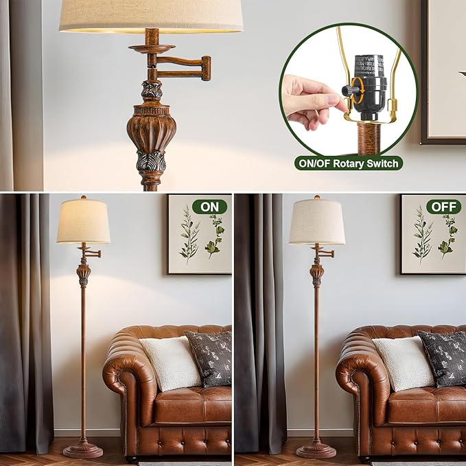 61" Vintage Floor Lamp with 350° Adjustable Swing Arm, Standing Lamp for Bedroom Living Room Bedside Tall lamp Nightstand Retro Farmhouse Mid Century Lamp Light Home Décor Office Gifts