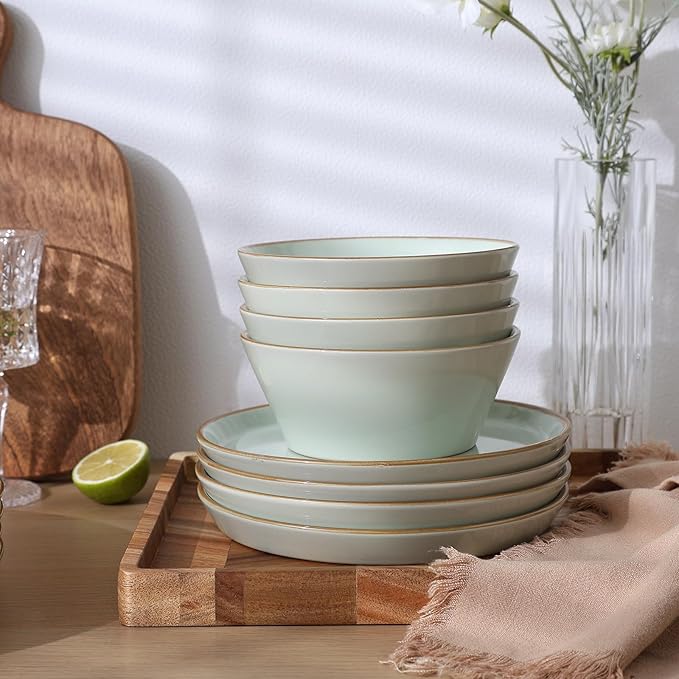 Famiware Saturn Dinnerware Sets, Plates and Bowls Sets for 4, 12 Pieces Stoneware Dish Set - Chip and Scratch Resistant, Microwave and Dishwasher Safe Tableware Set, Light Green with Rim