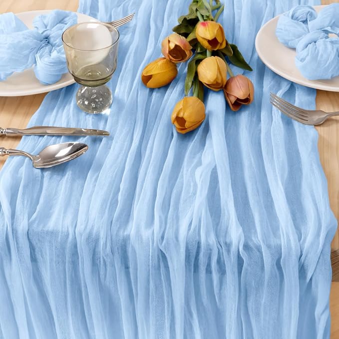 MLMC Light Blue Table Runner Baby Blue Cheesecloth Table Runner 10ft Baby Shower Decorations Rustic Gauze Fall Cheese Cloth Centerpiece 35x120 Inches for Gender Reveal Birthday Party Wedding Decor