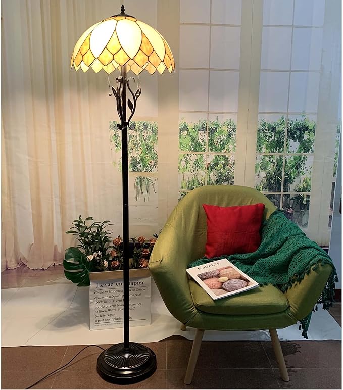 Bieye L10731 Lotus Flower Tiffany Style Stained Glass Floor Lamp with 16-inch Lampshade, 61-inch Tall