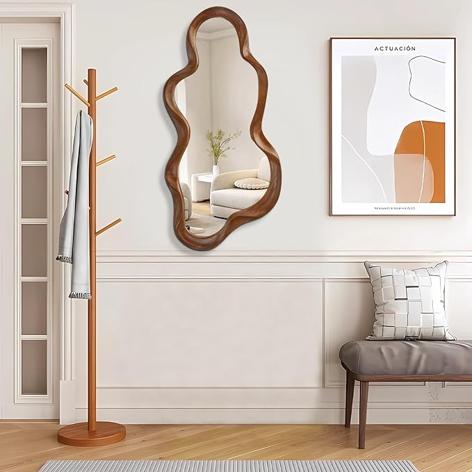 Asymmetrical Mirror Large Irregular Wall Mirror Modern Wood Frame Unique Artistic Mirrors Cute and Stylish Cloud Wavy Mirror Decorative for Cloakroom Bedroom Living Room Bathroom Entryway 30"x14"