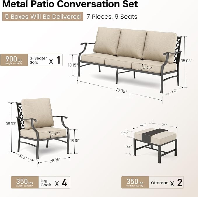 Patio Furniture Set, Modern Metal Outdoor Patio Furniture, 3 Seater Sofa, 4 Single Chairs, 2 Ottomans with 5.75" Extra Thick Cushion, Patio Conversation Set for Backyard Deck