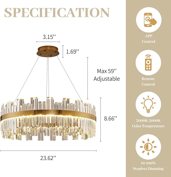 23.6" Dimmable Modern LED Crystal Chandeliers,Gold Chandelier Light Fixture, 3 Colors Contemporary Pendant Ceiling Light for Dining Room Living Room Kitchen Island Entryway Foyer ,With Remote Control