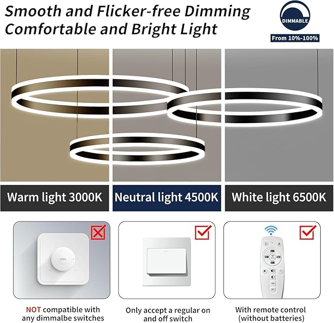 Modern Pendant Light Fixture, 3-Ring Circular Black Dining Room Chandelier, Dimmable 3000K-6500K, LED Hanging Ceiling Light Over Table for Kitchen Island, Living Room, Foyer, Office