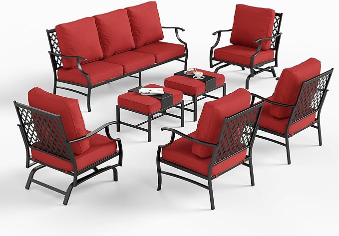 7 Piece Metal Outdoor Patio Furniture Sets, Patio Conversation Sets 1 3-Seater Sofa, 2 Fixed Chair, 2 Rocking Chair, 2 Ottomans with 5.75" Thick Cushion, Black Backyard Furniture, Red