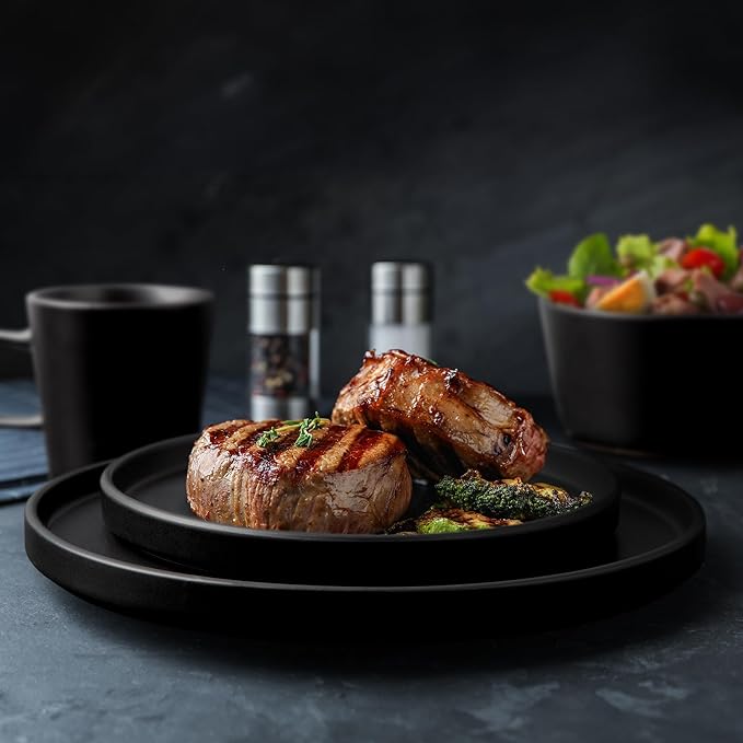 Zulay Kitchen Terra Stoneware 32-Piece Dinnerware Set, Artisanal Ceramic Plates and Bowls Set Crafted at 2300℉ - Service for 8, Black Matte