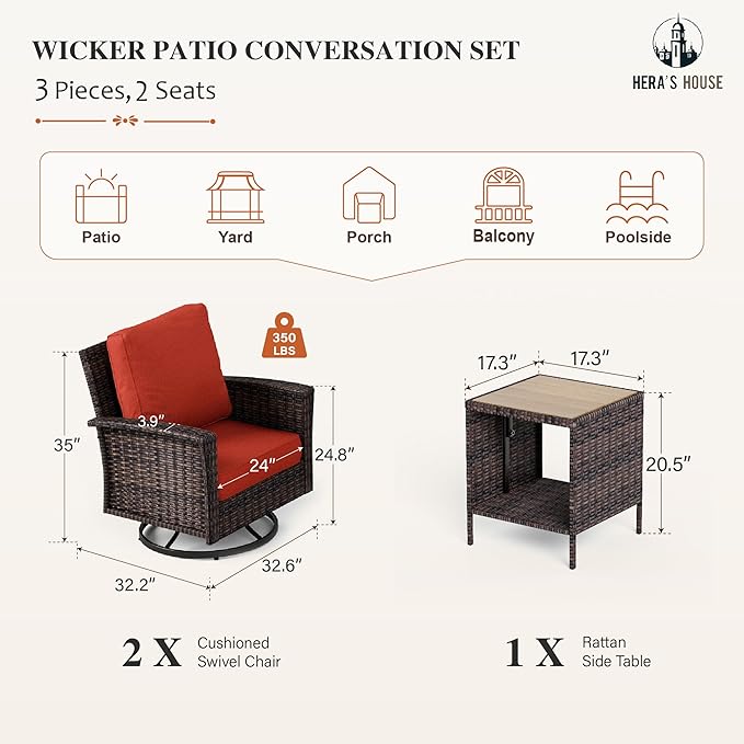 Oversized Patio Wicker Chairs, High Back Outdoor Swivel Chairs Set of 2 with Rattan Side Table, 5.5" Thick Cushions, 3-Piece Patio Furniture Sets for Deck Porch Pool, Brown/Red