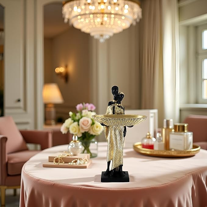 African Couple Resin Tray Sculpture – Black and Gold Decorative Bowl Statue for Entryway, Vanity, Coffee Table, Key Candy Jewelry Holder, Ethnic Art Home Decor Gift