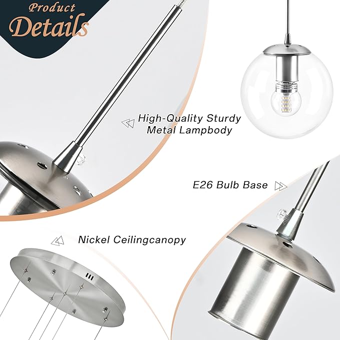 KoKo&Yukina 5-Light Globe Glass Pendant Light Adjustable Length Pendant Lights Modern Nickel Clear Globe Glass Chandelier High Ceiling Lights Fixtures for Foyer Hallway Staircase (Bulb & Remote Incl)