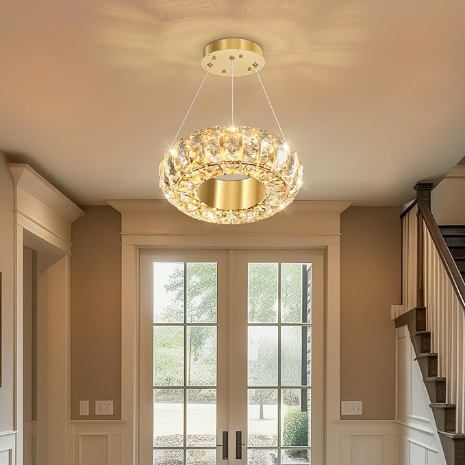 8" Ring Modern LED Dimmable Crystal Chandelier Adjustable Height Pendant Light Round Crystal Chandelier Light Fixtures for Dining Room Living Room Kitchen Island Gold