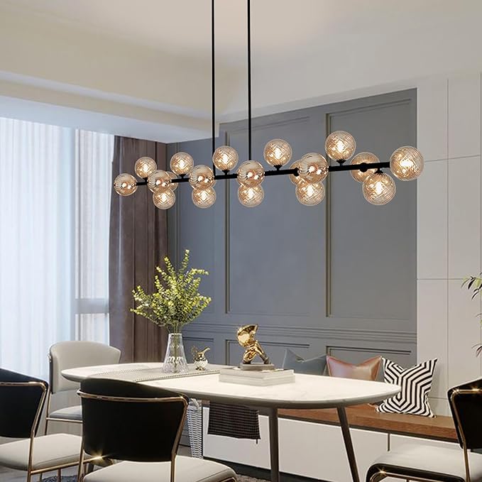 Modern Linear Chandelier 22-Lights Linear Sputnik Chandelier with Amber Striped Glass Shade 70 Inch Long Chandeliers for Dining Room, Living Room, Kitchen Island, Farmhouse
