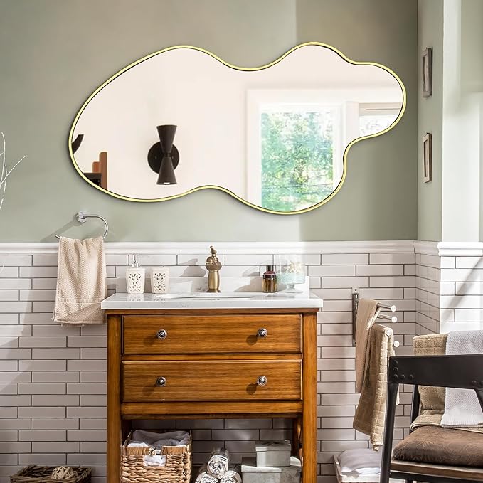 Gold Irregular Mirror, 23.6"x46.5" Asymmetrical Wall Mirror, Large Waved Mirrors with Metal Frame, Cloud Shaped Mirrors for Living Room Bathroom Bedroom Hallway Entryway Fireplace