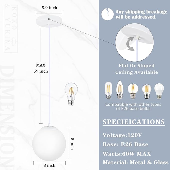 KoKo&Yukina 8 Inch Globe Pendant Light White Globe Pendant Lights Kitchen Island Mid Century Light Fixture with Milky White Glass Shade Adjustable Cluster Lights for Dining Room Living Room
