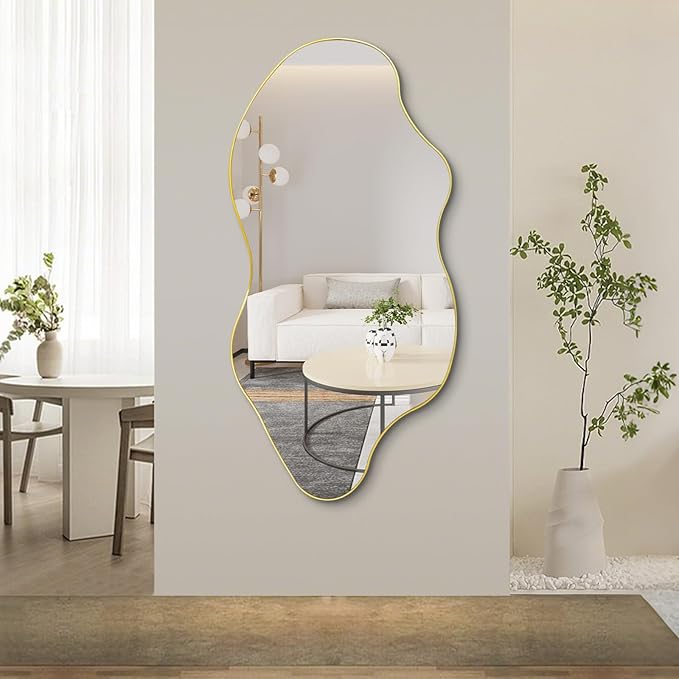 Large Irregular Mirror, Asymmetrical Wall Mirror, 52"x25.5" Gold Abstract Mirrors Decorative, Modern Frameless Wavy Shaped Mirrors for Dressing Living Room Bathroom Bedroom Hallway Entryway