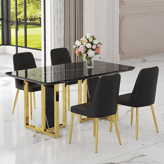 TesNus 63" Black Dining Table Set for 4 with Chairs,Modern Faux Marble Rectangular Kitchen Table and Chairs Set Luxury 5 Piece Dining Room Set with Gold Metal Legs,Easy Assemble,Stable Base