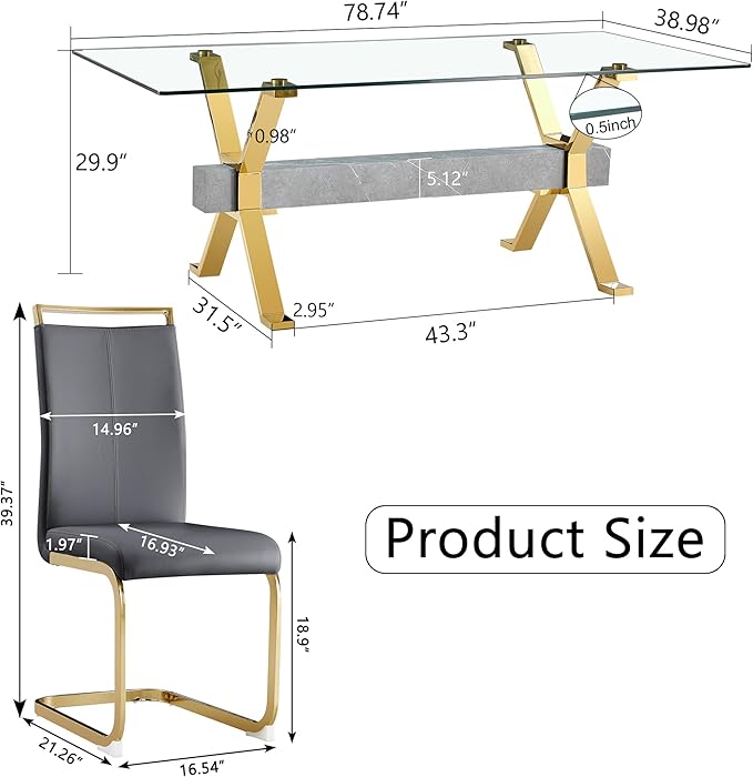 11 Piece Glass Dining Table Set, 79" Modern Dining Table Set for 10, 0.5" Thick Tempered Glass Tabletop with Silver Chrome Metal Legs and Grey Crossbar, 10 PU Chairs for Dining Room, Kitchen
