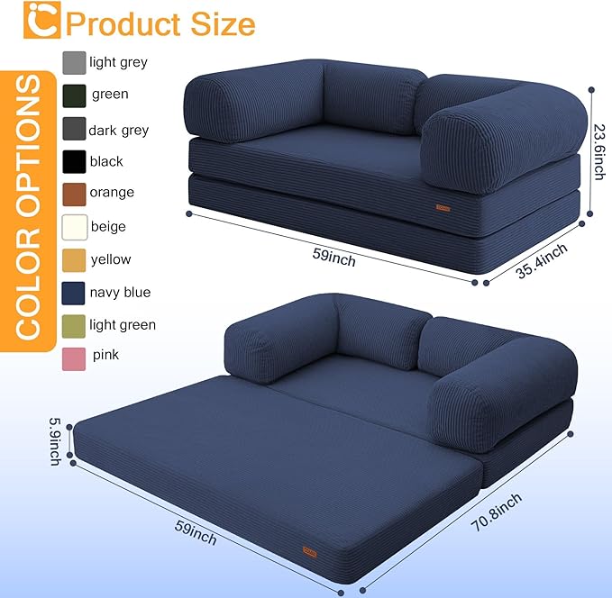 COMAX Folding Sofa Bed Queen, 4-in-1 Foldable Floor Couch Convertible Futon Sofa with Armrests, Sleeper Mattress Fold Out Chair Bed Comfy Portable Lounge Guest for Living Room Bedroom, Navy Blue