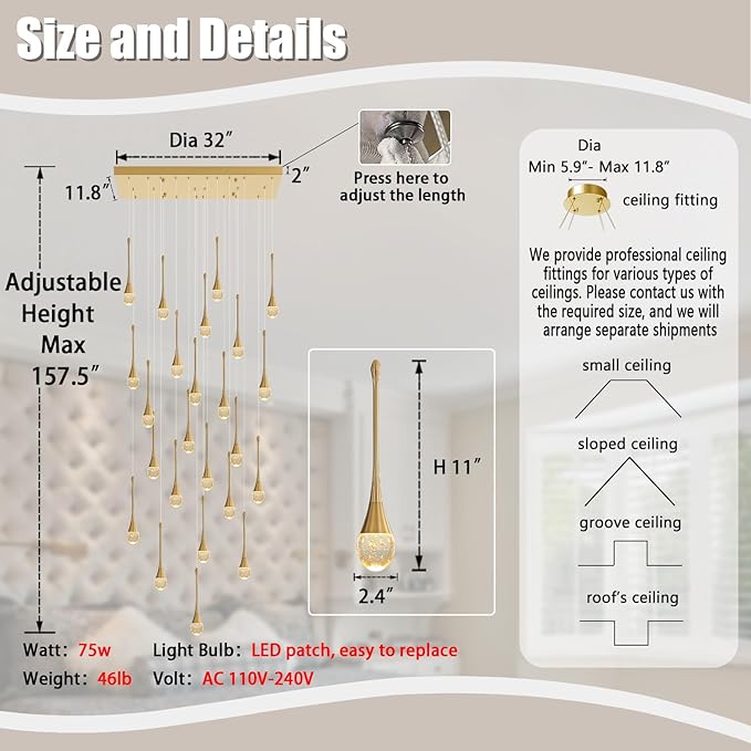 24-Lights Rectangular Chandelier Crystal Raindrop Chandeliers Flush Mount Ceiling Light for Dining Room Living Room High Ceiling Chandelier for Staircase Foyer Entryway Gold Chandeliers