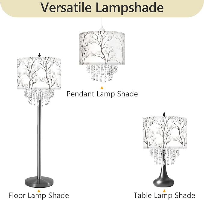 Star Vision Tree Branch Drum Fabric Lampshade with Crystal Bead Droplets, Minimalist Botanical Shade for Pendant Table Wall & Floor Lamps, Nature Home Decor
