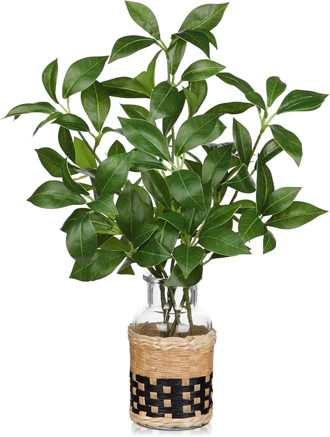 Fake Stems in Glass Vase with Faux Water and Handcrafted Bamboo Weave 13.4” Artificial Plants Leaves for Shelf Desk Bathroom Farmhouse Room Coffee Table Home Decor