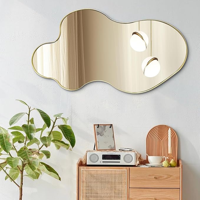 Gold Scalloped Mirror, Irregular Shaped Mirror, 30"x18" Asymmetrical Wall Mirrors Decorative, Wavy Oval Mirrors for Living Room Bathroom Bedroom Hallway Entryway Fireplace