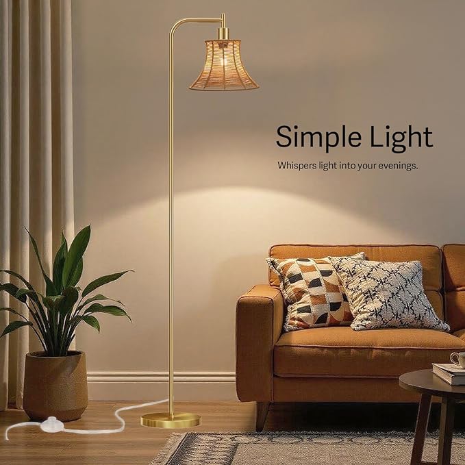 Floor Lamp,67" Modern Vintage Standing Lamp with Rattan Lampshade Metal Pole for Living Room, Bedroom, Office - Heavy Base,Pedal Switch(Include E26 Bulb)