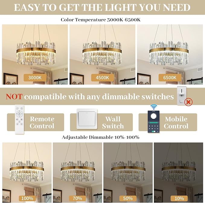 19.7'' Dimmable Modern LED Crystal Chandeliers,Gold Chandelier Light Fixture, 3 Colors Contemporary Pendant Ceiling Light for Dining Room Living Room Kitchen Island Entryway Foyer ,With Remote Control