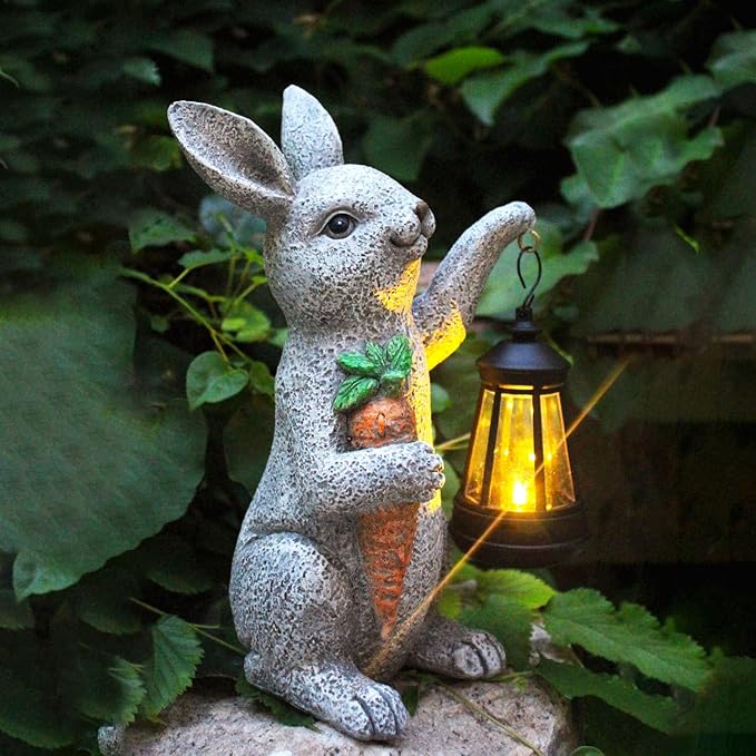 Garden Statues Rabbit Solar Lantern Outdoor Handmade Resin Statue Bunny with Cute Carrot for Patio, Yard,Mother's Day Gift Ideas (rabbit1)