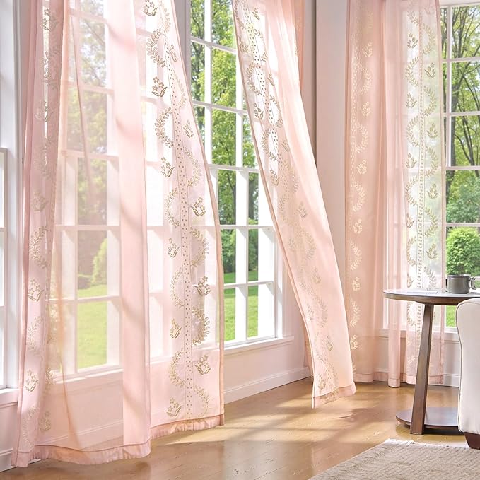 jinchan Belrose Pink Floral Sheer Curtains for Living Room 96 Inch Long Voile Embroidered Farmhouse Curtains for Bedroom Ivory Flower Patterned Rod Pocket Window Treatments, 2 Panels Pink