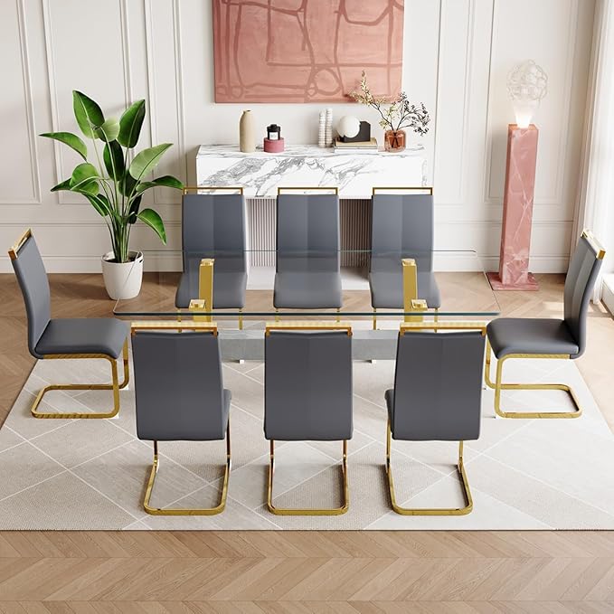 9 Piece Glass Dining Table Set, Kitchen Table Chairs Set for 8, 71'' Dining Table with 0.4" Tempered Glass Tabletop with Plated Metal Legs and MDF Crossbar, 8 PU Chairs for Dining Room, Kitchen.