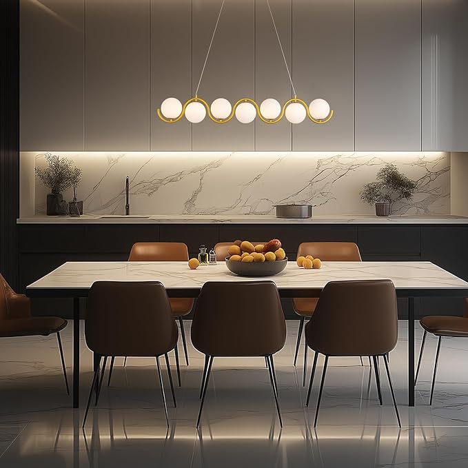 Modern Gold Chandelier 7 Light mid-Century Glass Bubble Chandeliers Globe Pendant Light Linear Dining Room Chandelier for Kitchen Island Living Room,Bedroom Room,Hallway.