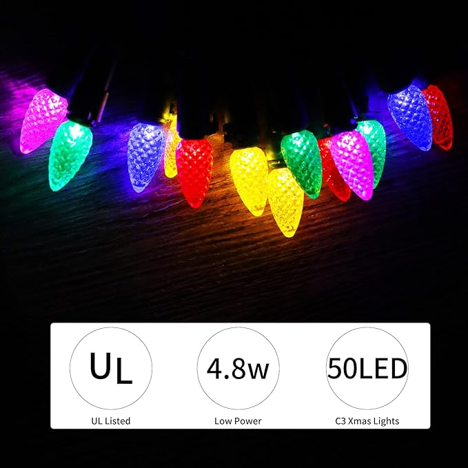 Christmas C3 Bulbs Light String 50 LED Multicolor Strawberry Xmas Tree Outdoor Indoor Waterproof Decoration Plug in 18 Feet Used for Patio Party Festive Courtyard Home (Multicolor)