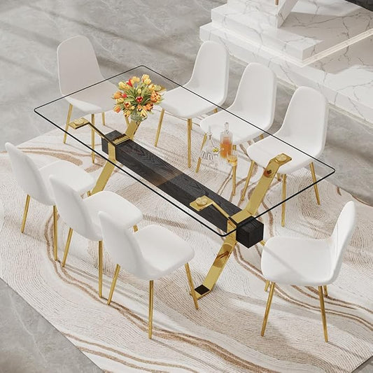 71'' Glass Dining Table Set for 8,9 Piece Dining Table Set with Open‑Frame X‑Shaped Golden Metal Base,Gold Kitchen Table and Chairs Ideal for Dining Room&Home Office