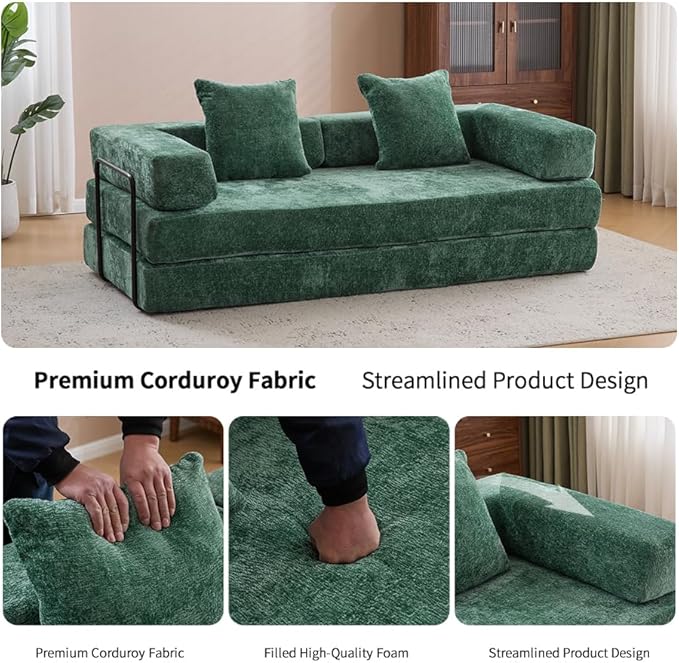 Convertible Folding Mattress Couch, Floor Sofa Bed with Fixed-Shape Frame, Flannel Floor Sofa with Armrest, Floor Sofa Lounge Couch for Living Room Bedroom Lounge Studio-Dark Green