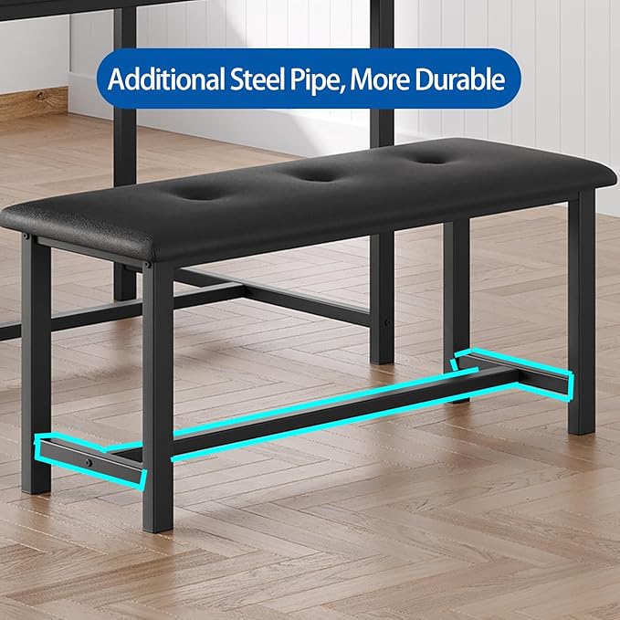 GarveeHome Dining Table Set for 4, Kitchen Table with 2 Upholstered Benches, Wood Kitchen Dining Room Set, for Small Space, Apartment, Home, Dinner, Retro Black