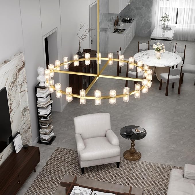 Dia 48inch Gold Chandelier,Large Wagon Wheel Chandelier,48-Lights Large Round Pendant Lighting Fixture for Dining Room,Living Room,Kitchen Island,Foyer