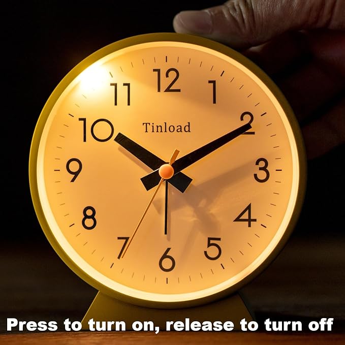 4.5" Battery Operated Antique Retro Analog Alarm Clock, Small Silent Bedside Desk Clock,Lighted on Demand, Battery Operated, Snooze, for Living Room, Bedroom, Bedside, Desk(Yellow)