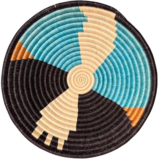 Handwoven African Basket Handmade sisal Fruit Bowl Wall Hanging decorative Baskets for Home Living Room Kitchen Centerpiece Zen Designs Arts and Crafts (Turquoise Black Natural, 8in diameter)