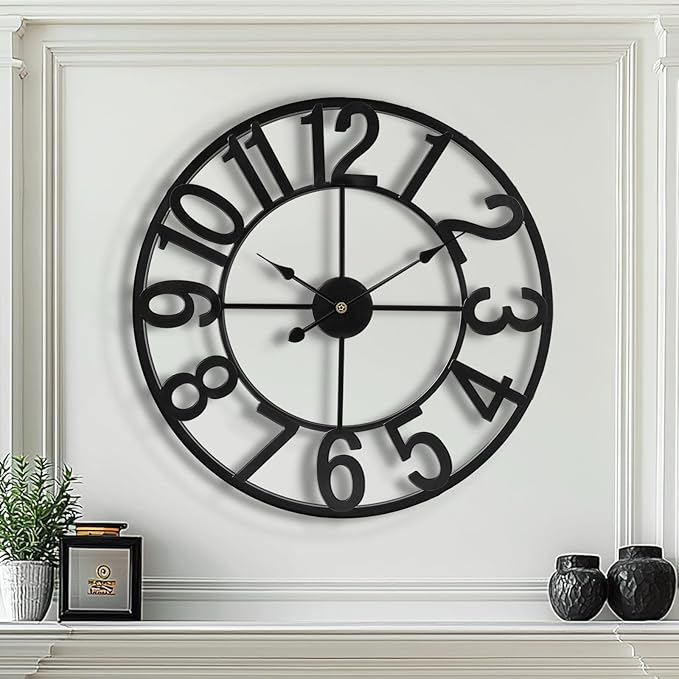 Tatub 24 Inch Large Wall Clock for Living Room Decor, Arabic Numeral Modern Round Decorative Metal Large Wall Clock for Bedroom and Kitchen, Silent, Non Ticking, Battery Operated