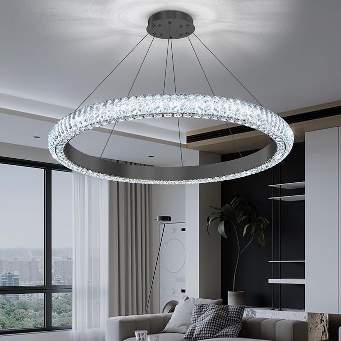 32" 1 Ring Crystal Chandelier Modern LED Dimmable Ring Pendant Light Chandelier for Dining Room Living Room Black
