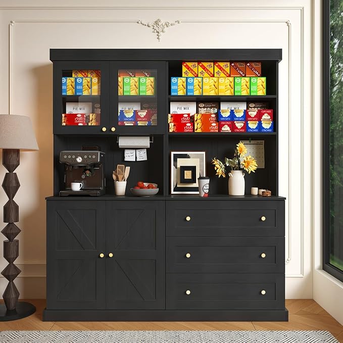 71" Tall Farmhouse Kitchen Pantry, Large Storage Cabinet with Glass Doors and Drawers, Freestanding Coffee Bar Hutch with Microwave Stand, Adjustable Shelves for Kitchen, Living Room, Black 4 Pcs